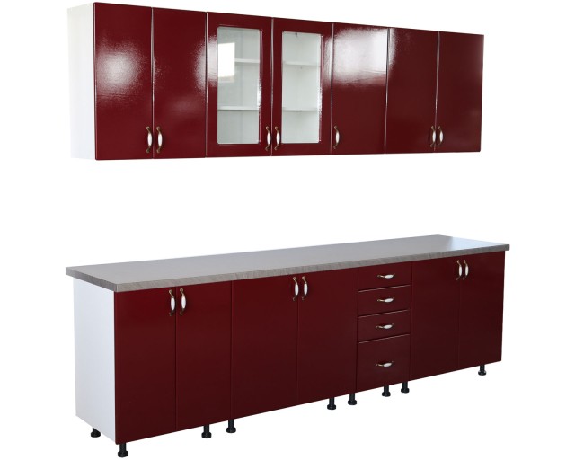 Bucatarie Zebra 260 cm din MDF Rosu Simplu cu blat termoizolant gri